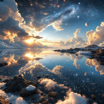 The primary subject of the image is a beautiful scene of a sunset over a large body of water, with a reflection of the sun and clouds in the water. The setting is a serene and picturesque landscape, with a backdrop of a cloudy sky. The visual style of the image is a combination of photo and digital art, creating a stunning and realistic representation of the scene. The colors and mood of the image are predominantly warm and calming, with the sunset casting a warm glow over the water and the clouds adding a sense of tranquility to the scene.